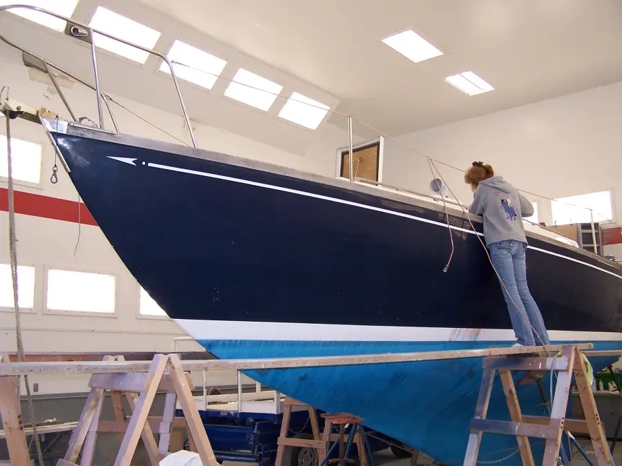 A navy hull being finished in the paint and repair building