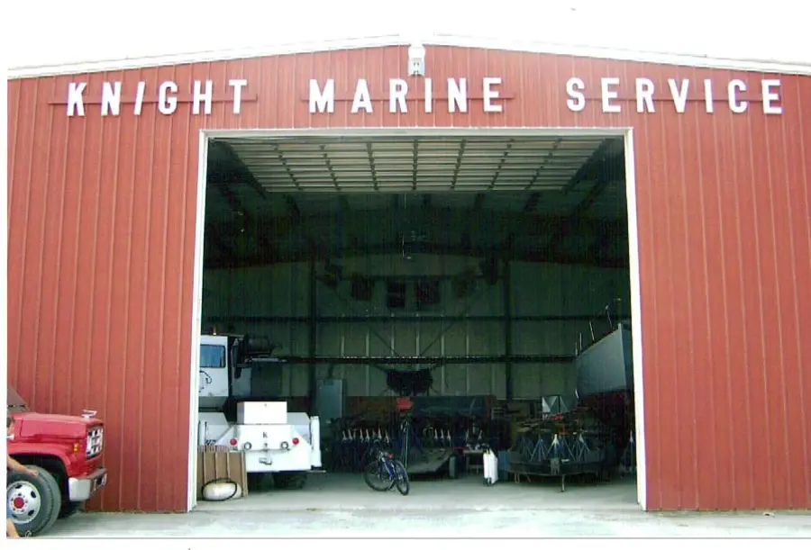 The red Knight Marine Service storage building